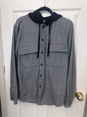 Men's Black & Gray Plaid Hooded Button-Up Jacket Shirt Shacket